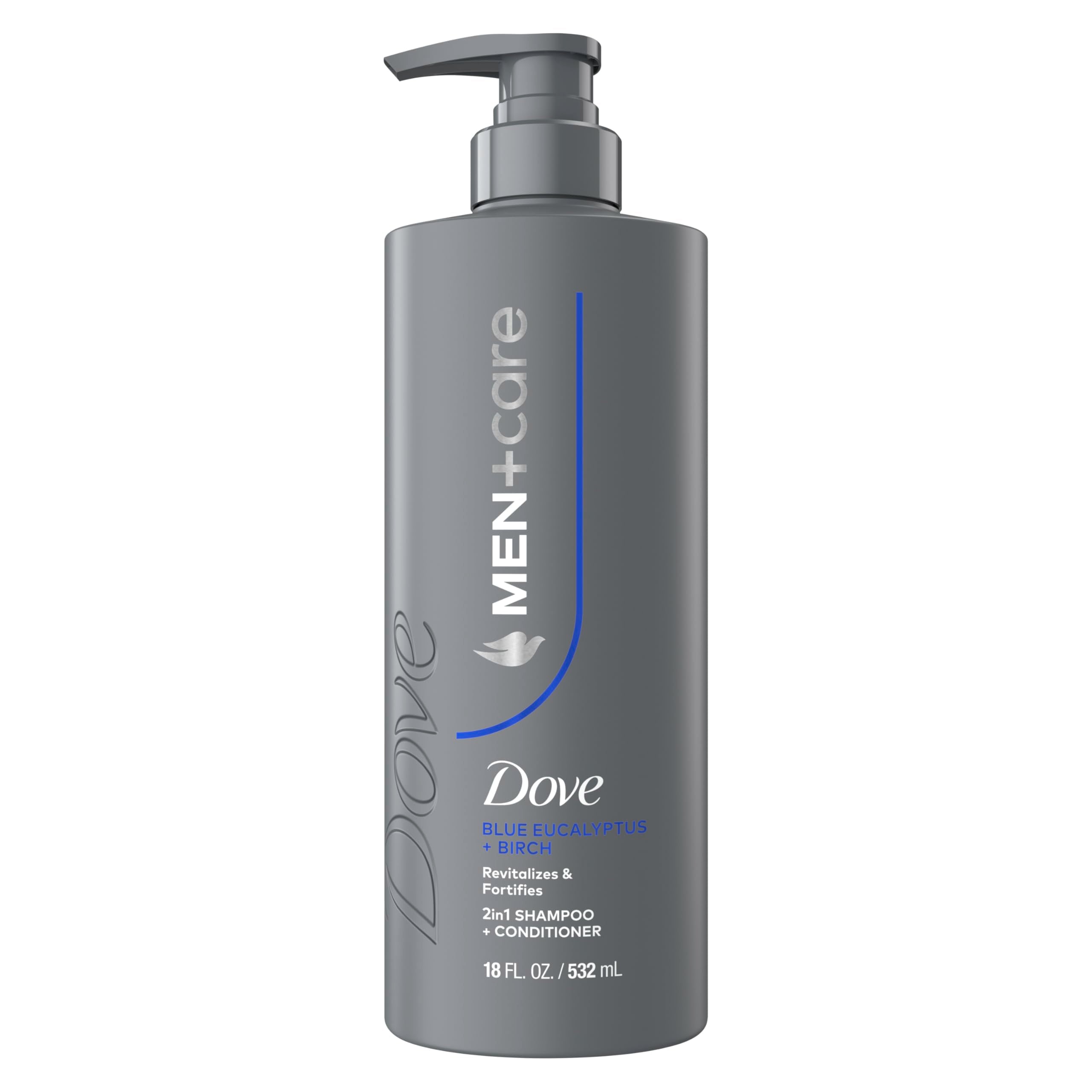 Dove Men+Care Champú Eucalipto Abedul: botella visible, limpieza revitalizante para el cabello.