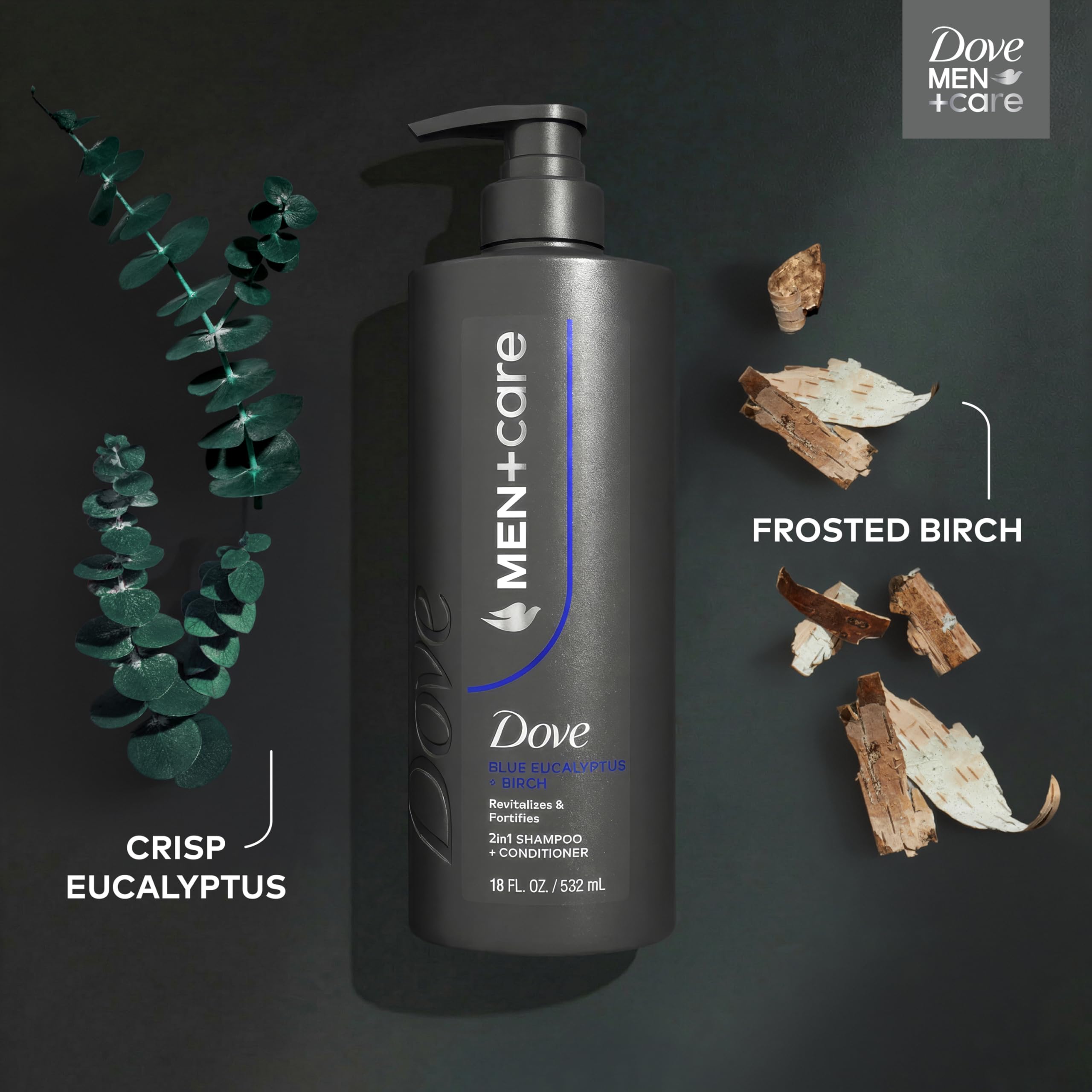 Dove Men+Care Champú Eucalipto Abedul: enjuague rápido sin residuo pesado.
