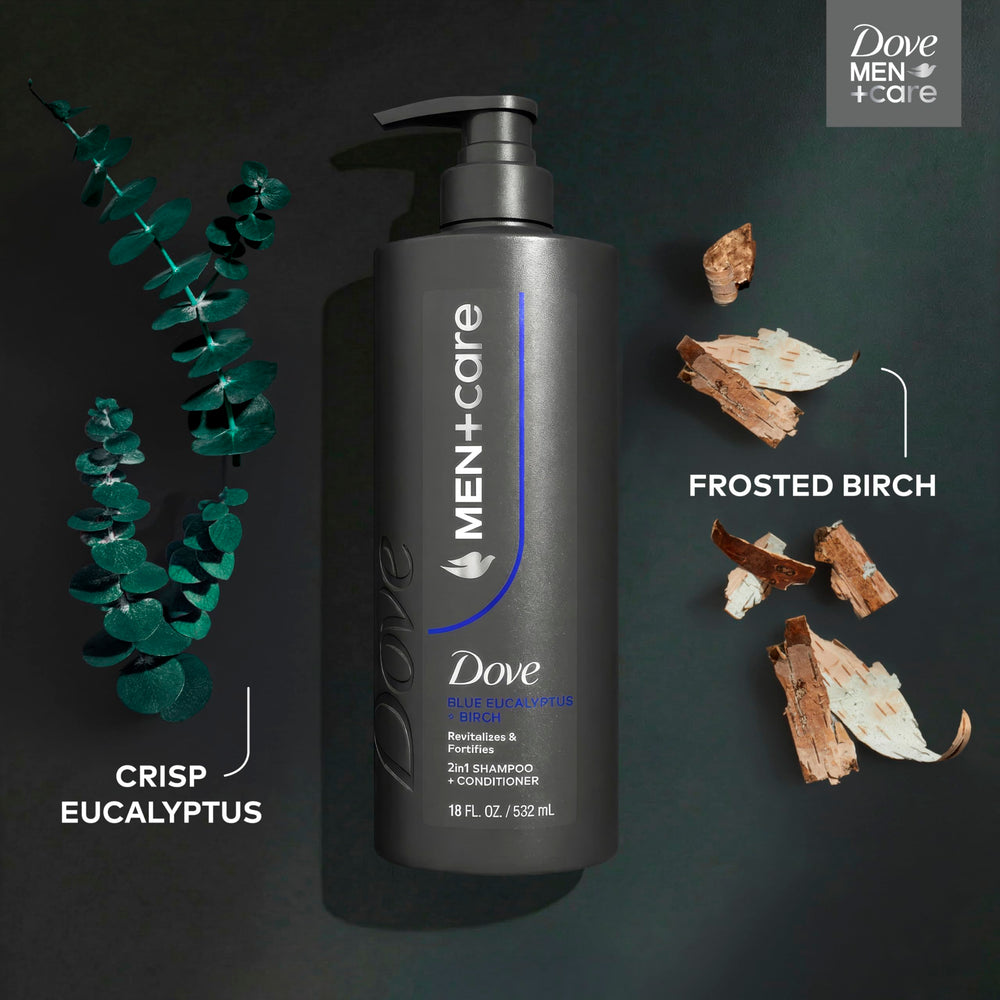 Dove Men+Care Champú Eucalipto Abedul: enjuague rápido sin residuo pesado.