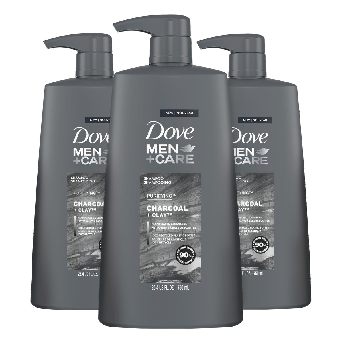 Dove Men Care Charcoal Clay Shampoo 3-Count Pack for purifying cleansing