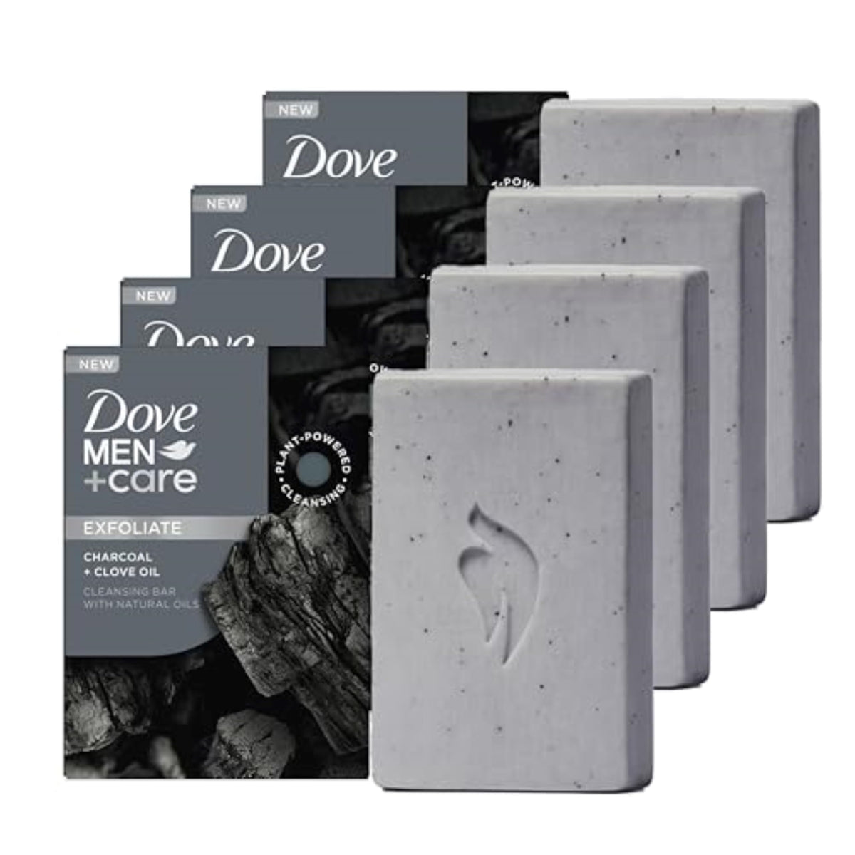 Dove Men+Care Charcoal Clove Bar packaging highlights a simple daily grooming routine.