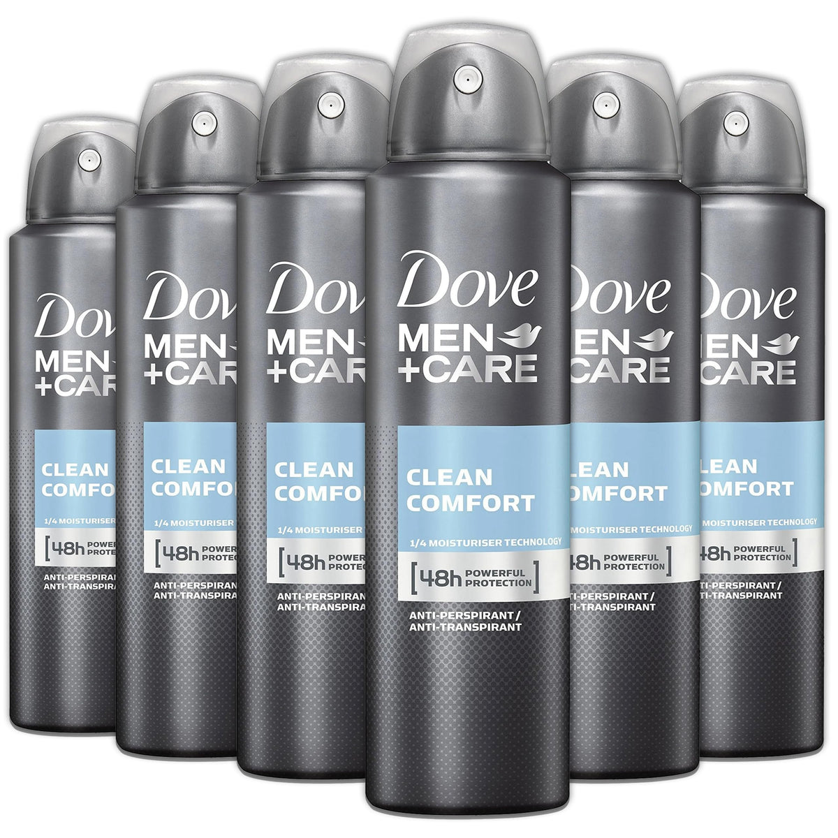 Dove Men+Care Clean Comfort 6-pack front view for everyday freshness.