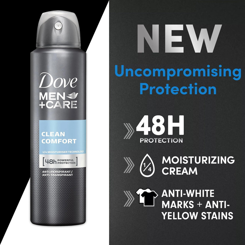 Dove Men+Care Clean Comfort spray in use for instant drying.