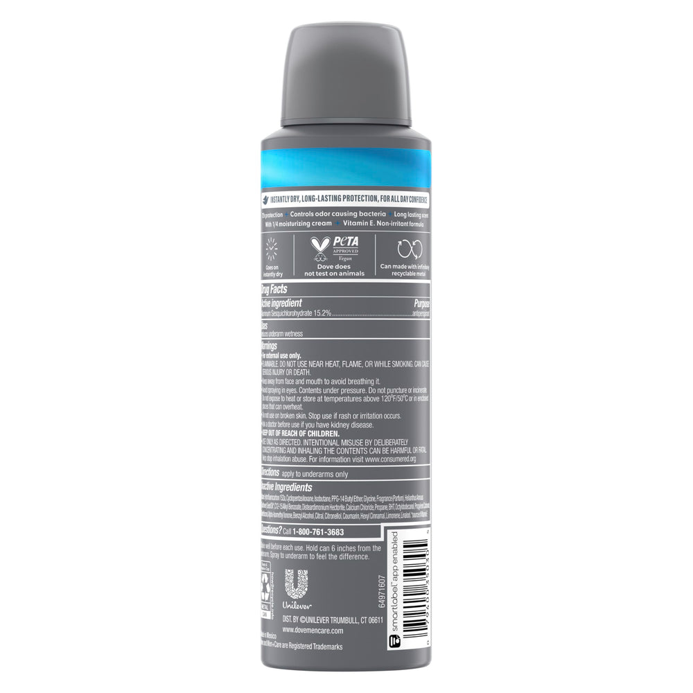 Dove Men+Care Clean Comfort spray application underarm for even coverage.