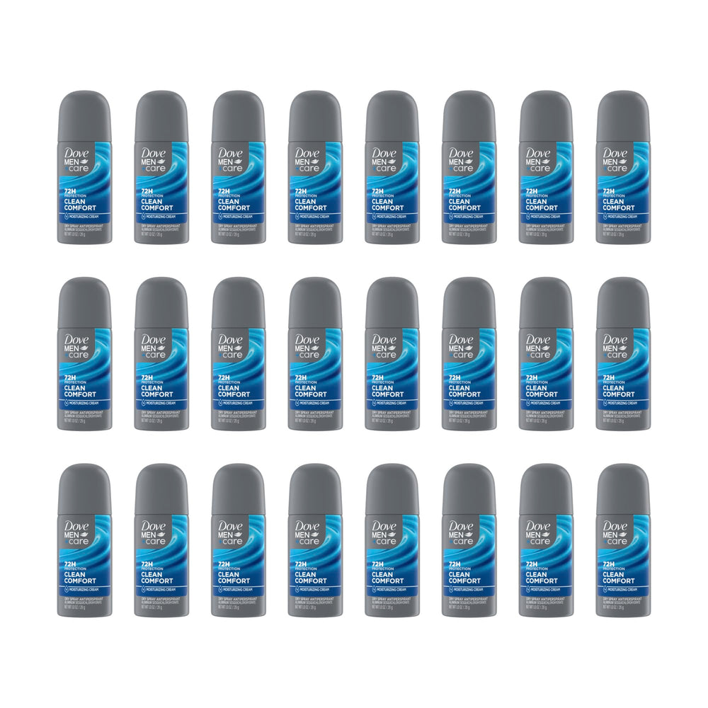 Dove Men+Care Clean Comfort dry spray can front shows quick-dry application for comfortable underarms.