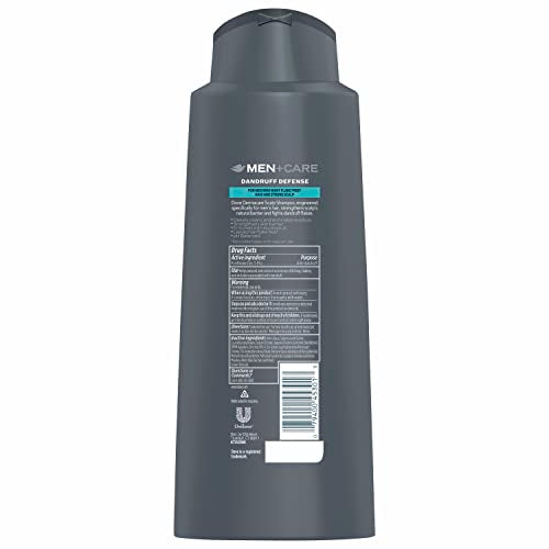 Dove Men+Care Dandruff Defense bottle in hand highlights convenient two-in-one cleansing and conditioning