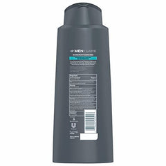 Dove Men+Care Dandruff Defense bottle in hand highlights convenient two-in-one cleansing and conditioning