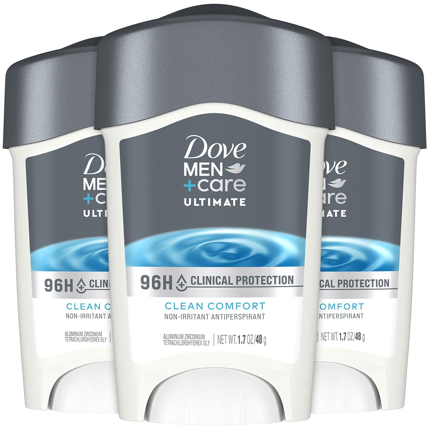 Dove Men+Care 96h protection close-up showing strong perspiration defense.