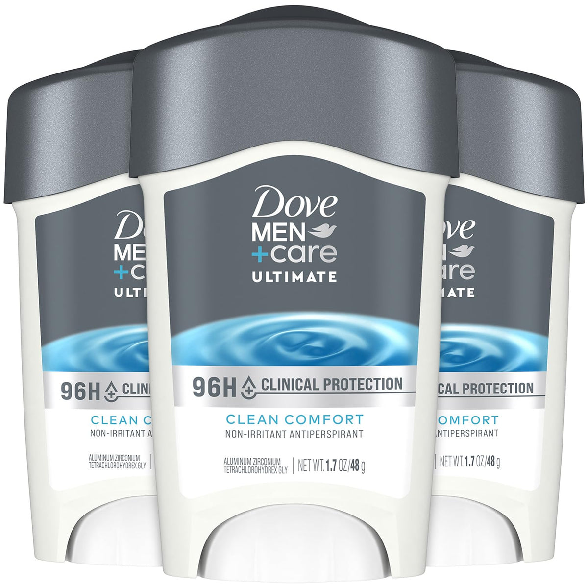 Dove Men+Care 96h protection close-up showing strong perspiration defense.