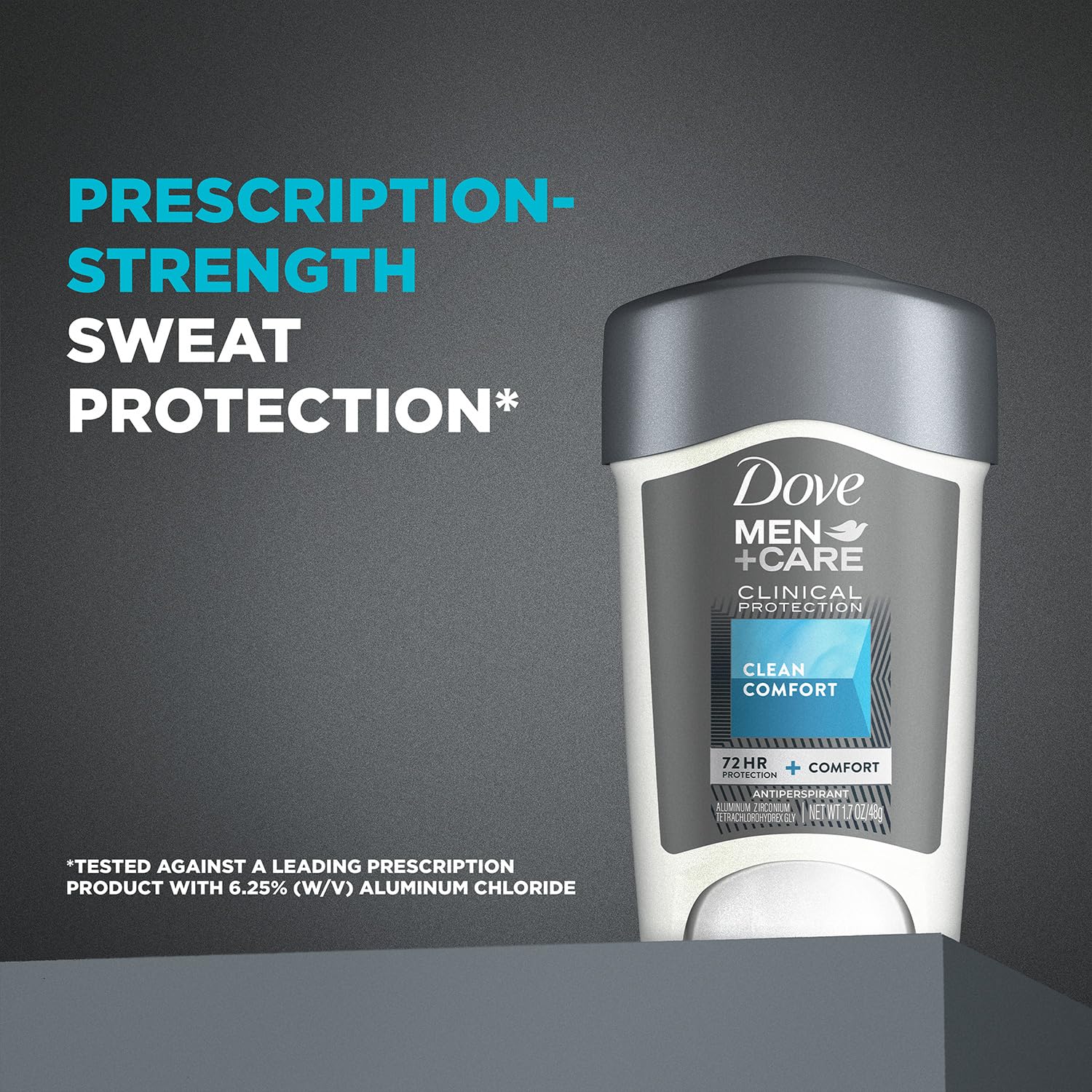 Dove Men+Care deodorant stick close-up shows sleek, portable design.
