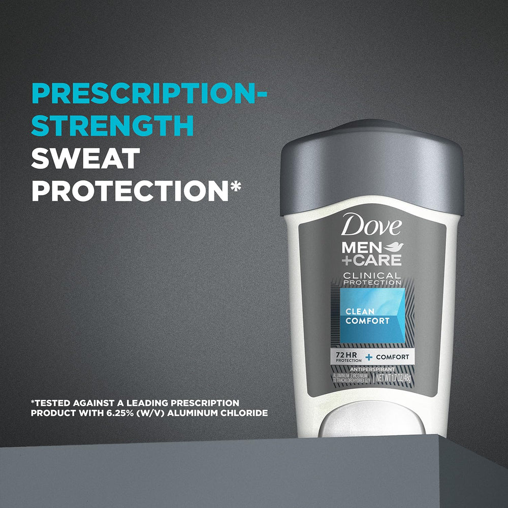 Dove Men+Care deodorant stick close-up shows sleek, portable design.