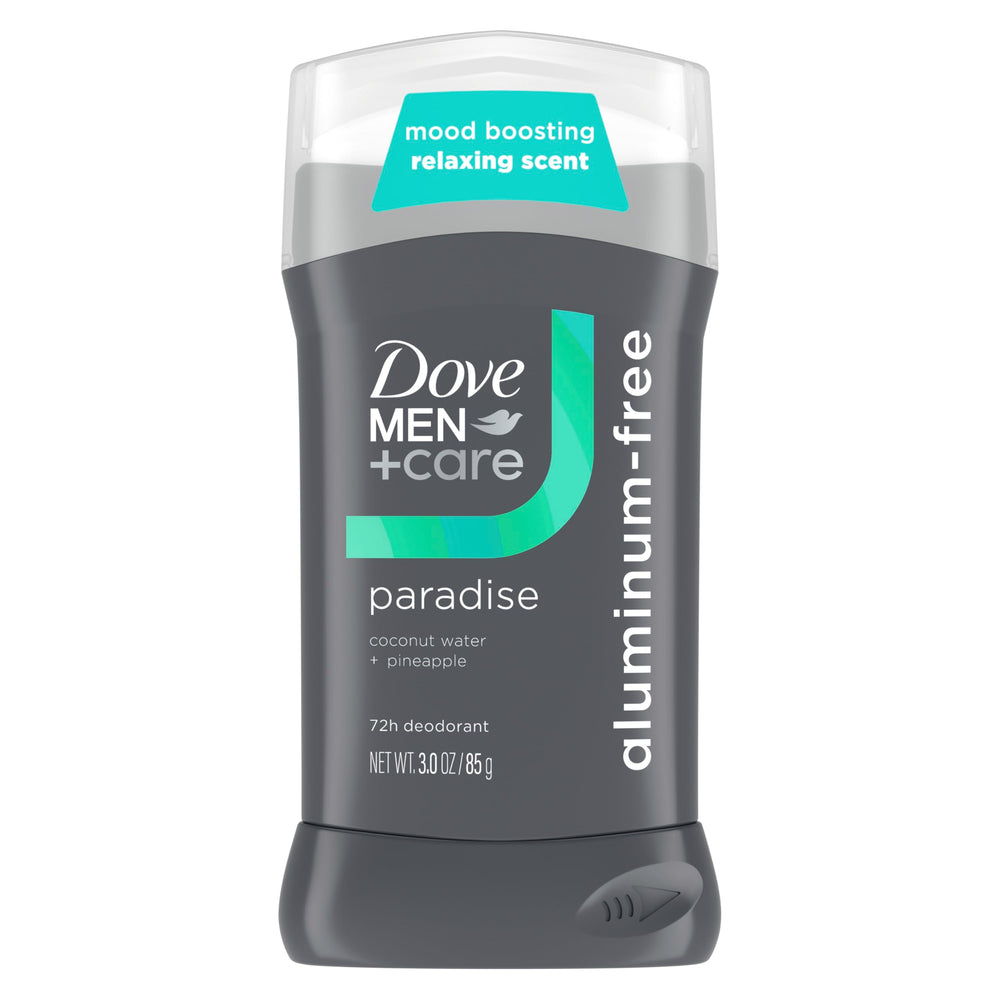 Dove Men+Care desodorante sin aluminio, barra, aroma paraiso para frescura duradera.
