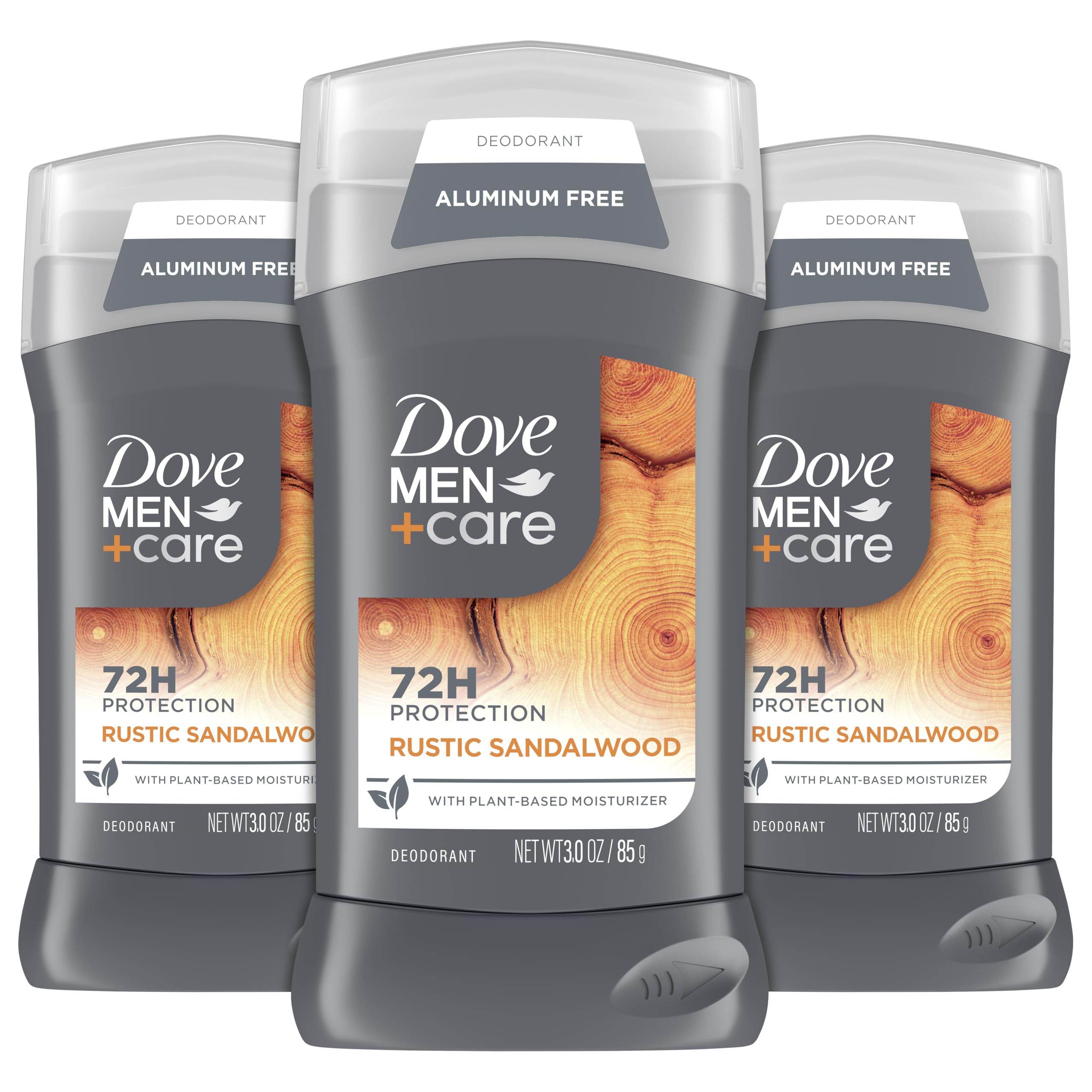 DOVE MEN+CARE desodorante sin aluminio en barra, aroma sándalo rústico, para uso diario.