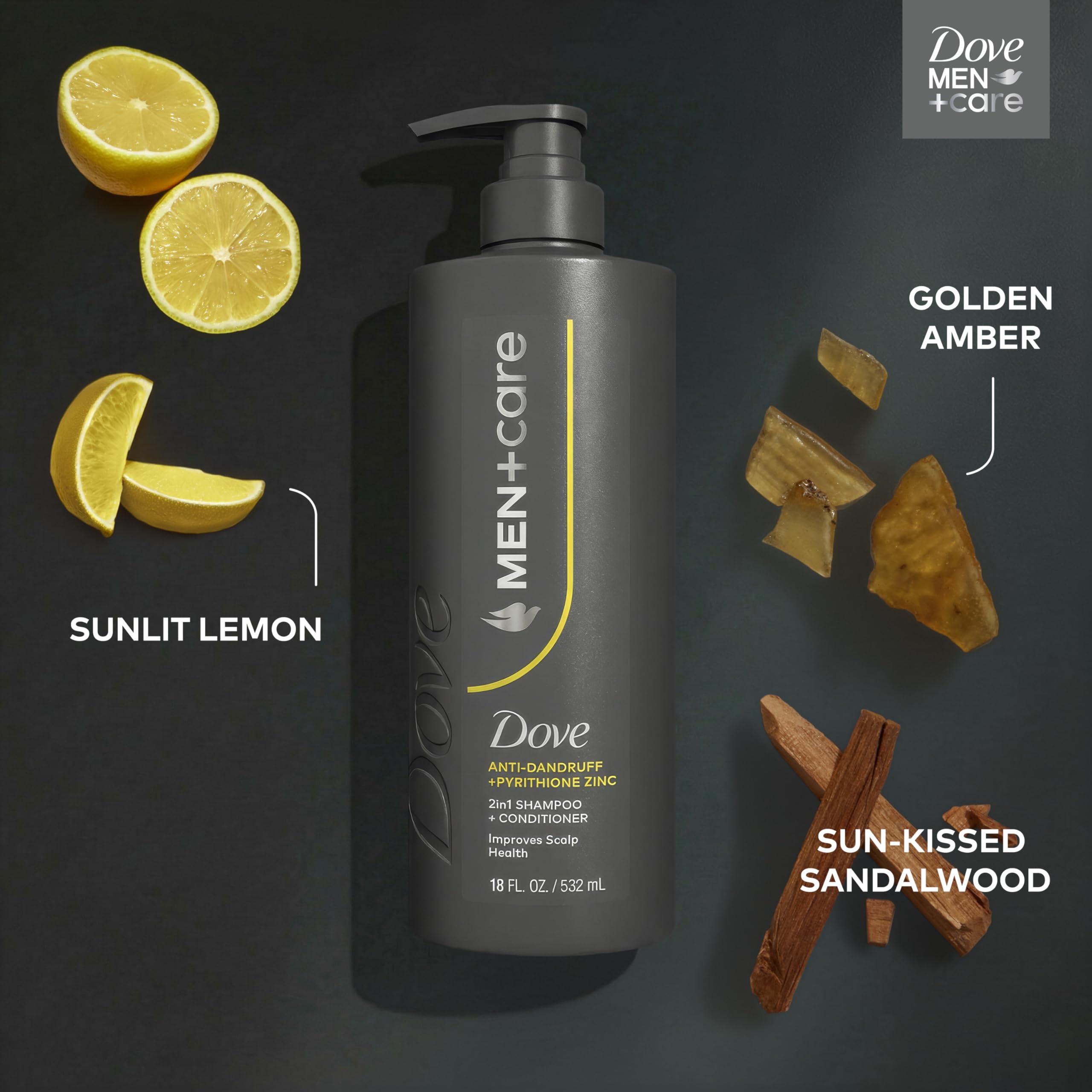 DOVE MEN+CARE envase pensado para hombres; cuidado específico del cabello.