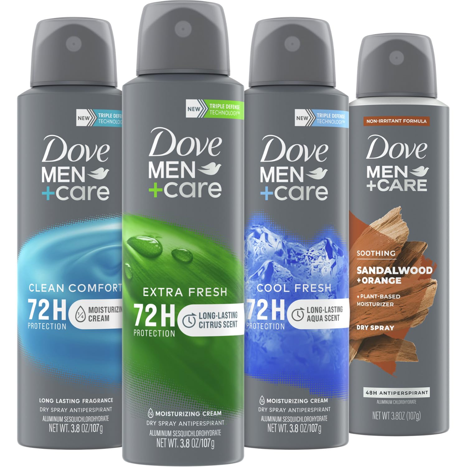 Dove Men+Care Dry Spray 4-Pack front view offering long-lasting freshness