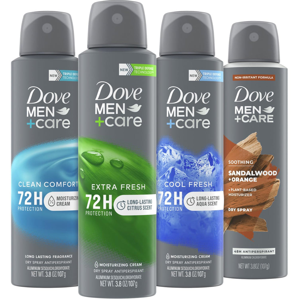 Dove Men+Care Dry Spray 4-Pack front view offering long-lasting freshness