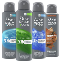 Dove Men+Care Dry Spray 4-Pack front view offering long-lasting freshness