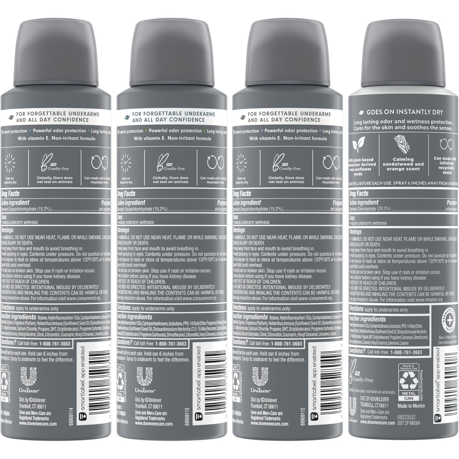 Dove Men+Care Dry Spray 4-Pack packaging shows four scented variants