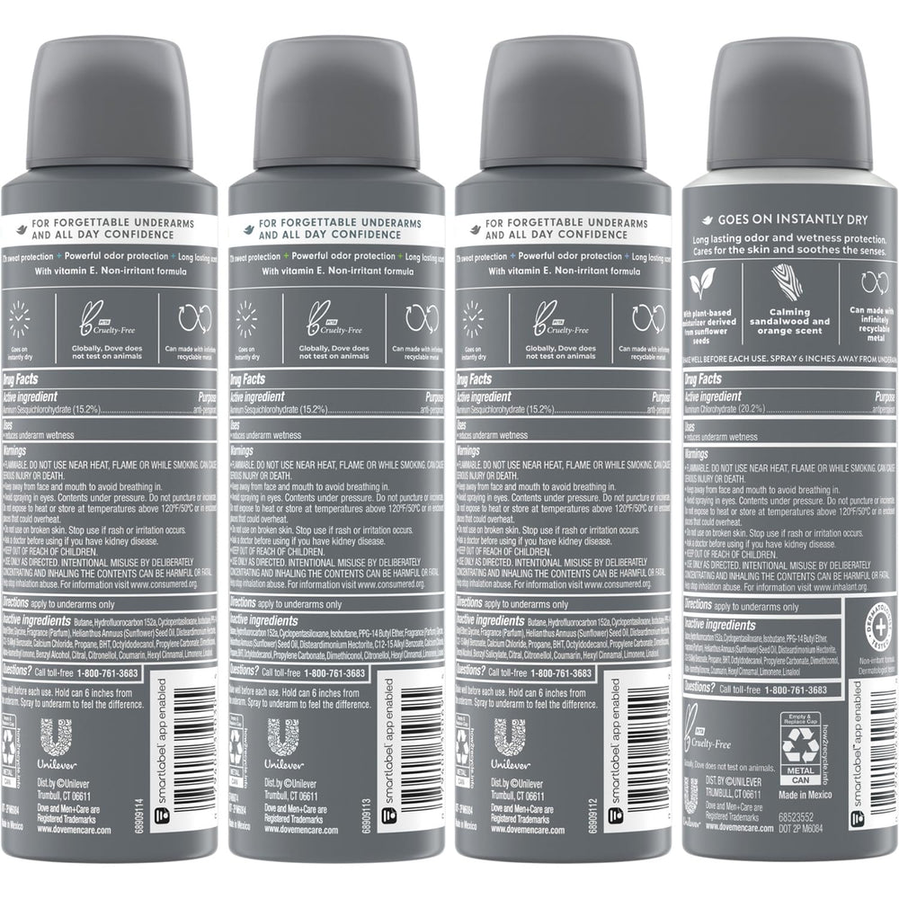 Dove Men+Care Dry Spray 4-Pack packaging shows four scented variants
