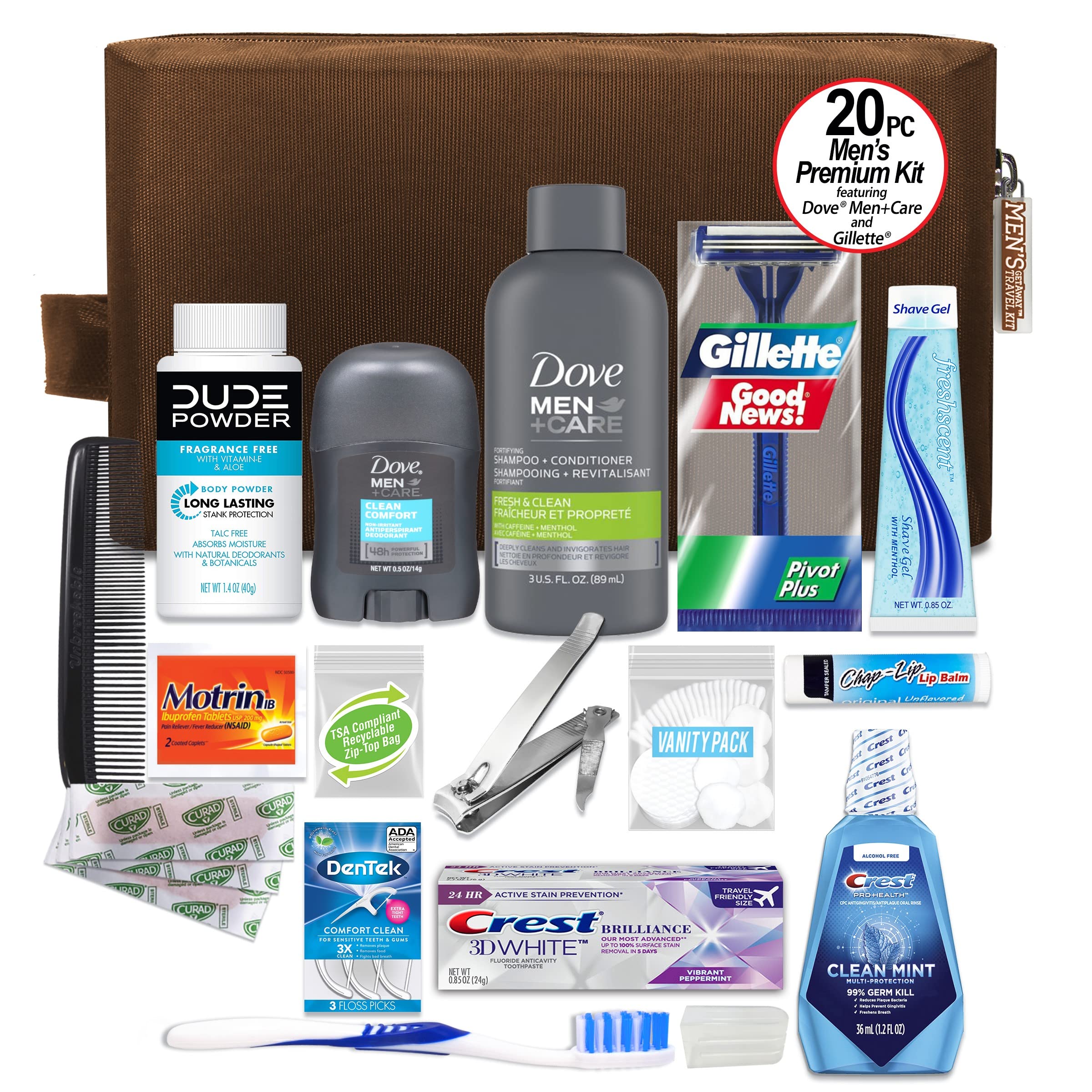 Dove Men Care en envase de viaje dentro de la bolsa Dopp marrón.