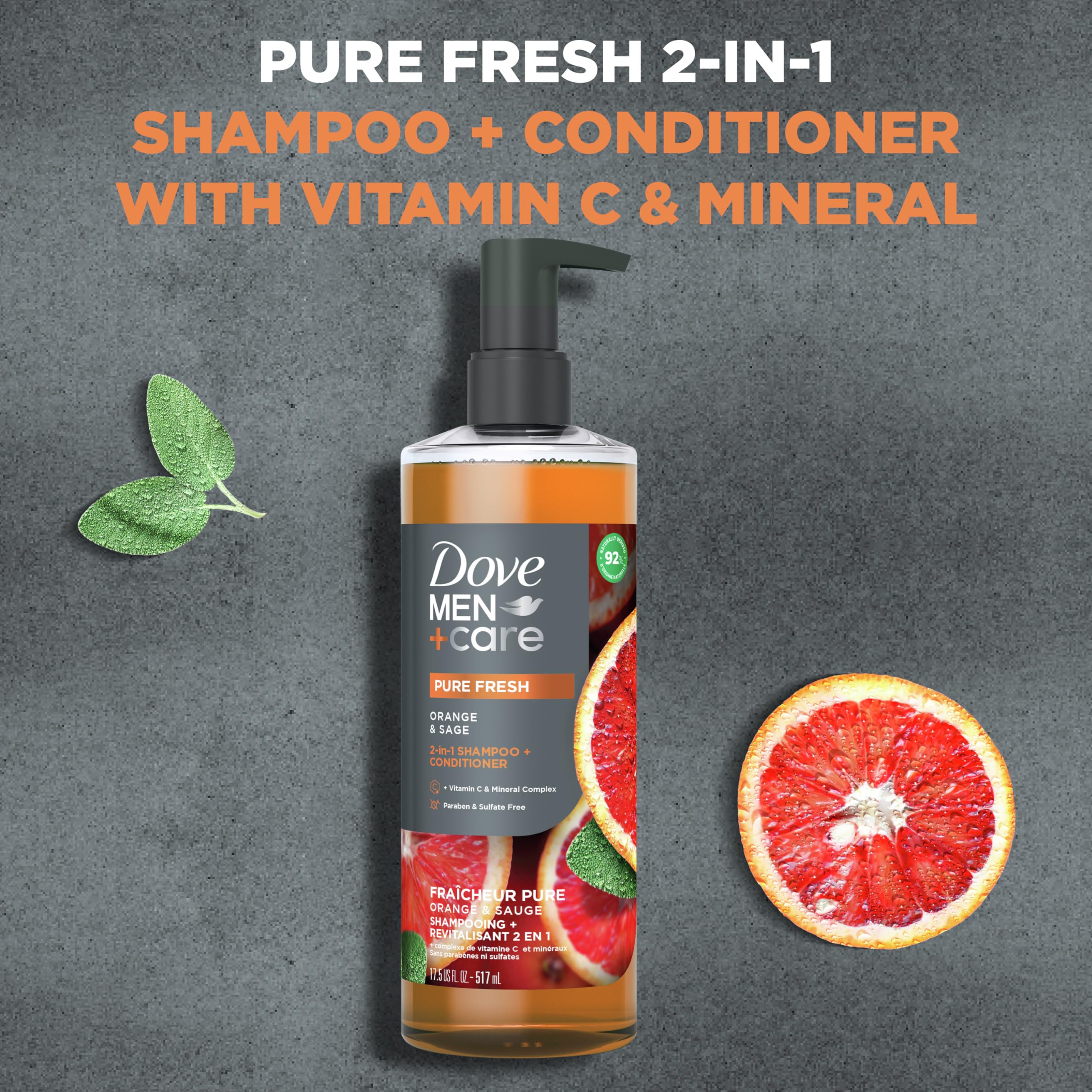 Dove Men+Care 2-en-1 con etiqueta naranja y salvia.