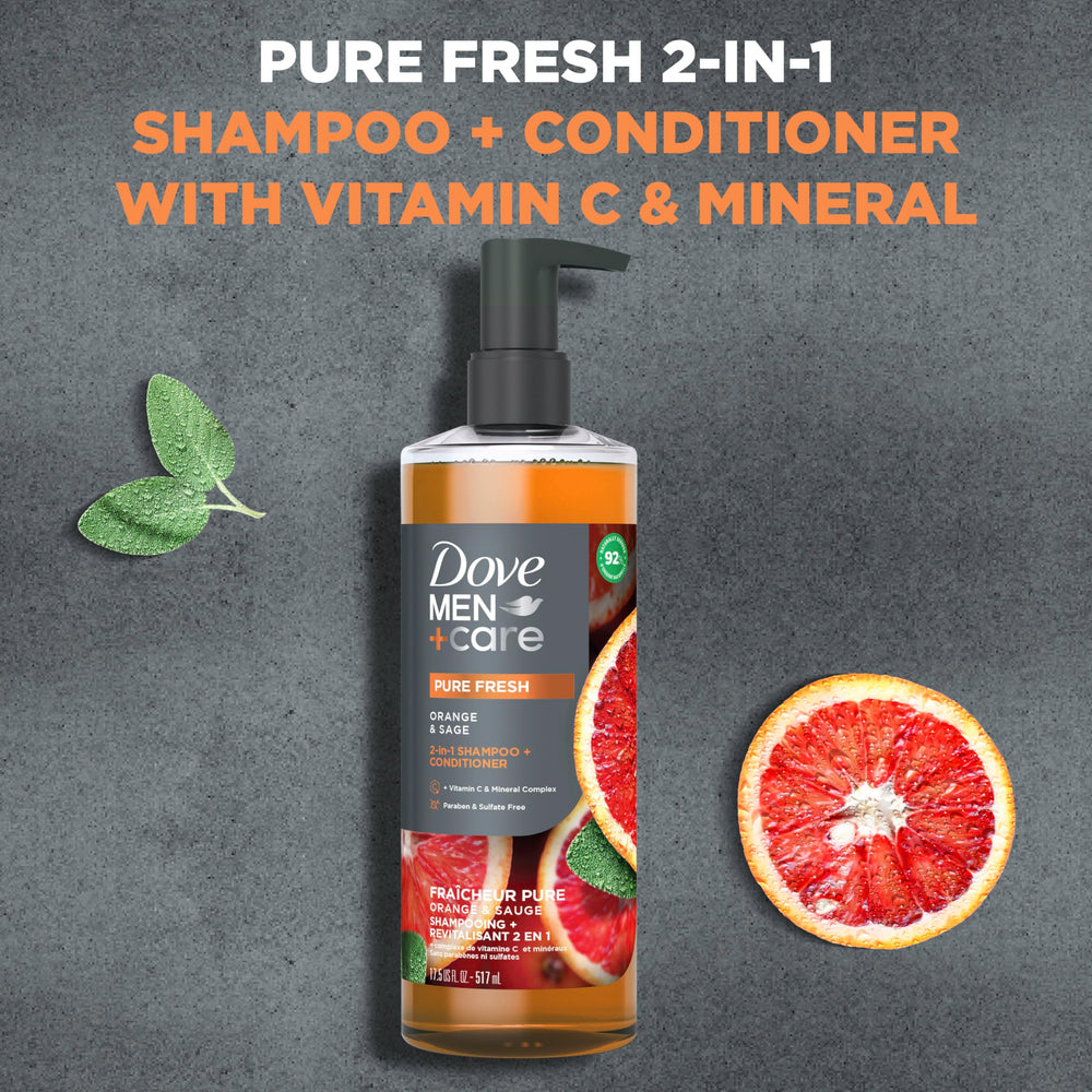 Dove Men+Care 2-en-1 con etiqueta naranja y salvia.