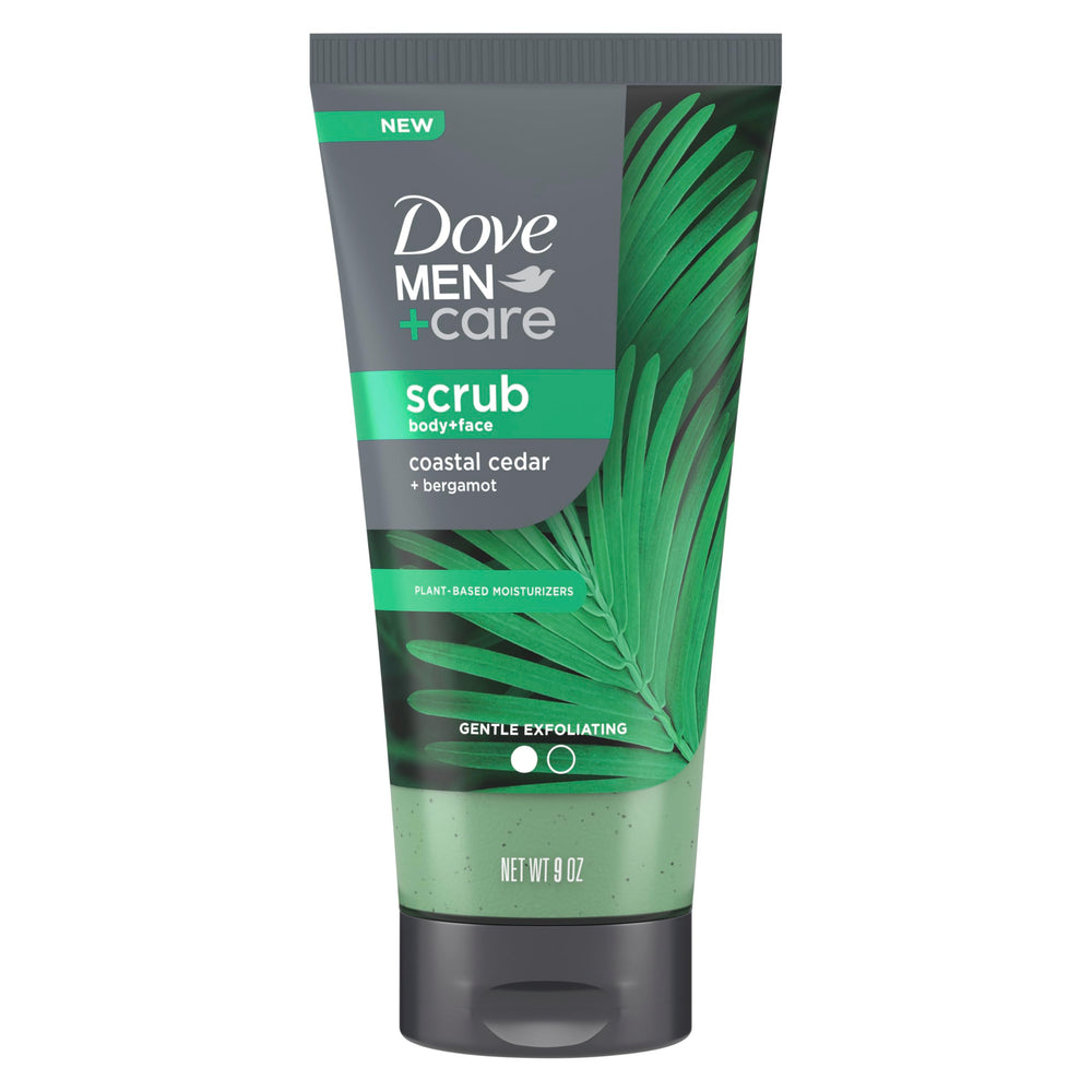 DOVE MEN + CARE exfoliante en frasco, exfolia suavemente y limpia profundamente.