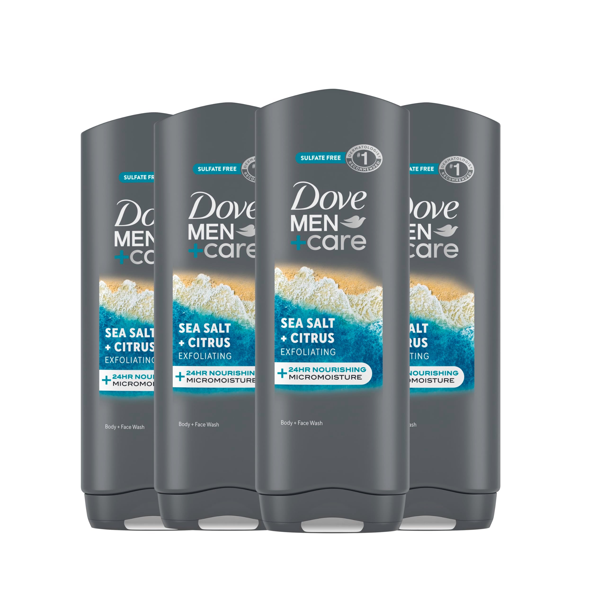DOVE MEN + CARE exfoliating sea salt citrus bottle on shelf delivering quick cleanse.
