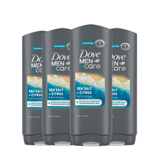 DOVE MEN + CARE exfoliating sea salt citrus bottle on shelf delivering quick cleanse.
