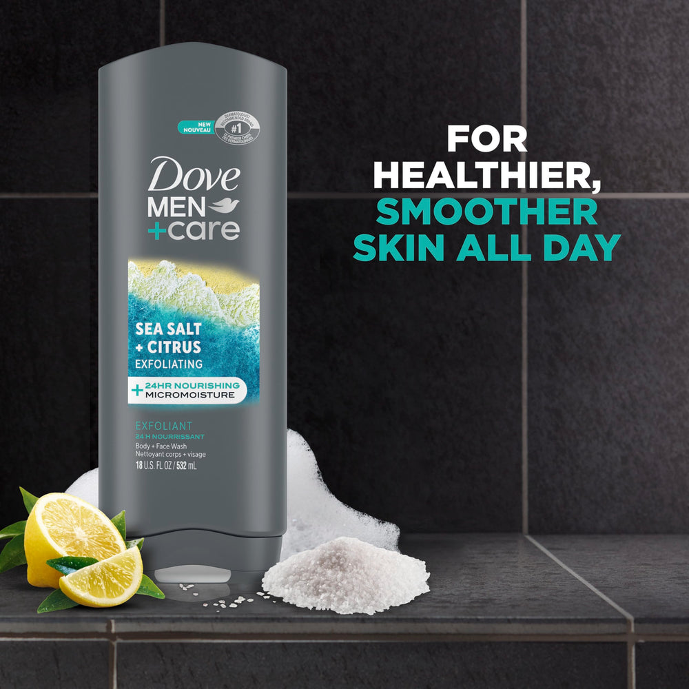 DOVE MEN + CARE exfoliating sea salt citrus lather forming a rich foam for hydration.