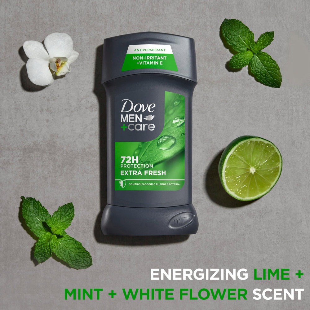 Dove Men+Care Extra Fresh four-count pack emphasizes value and ongoing freshness.