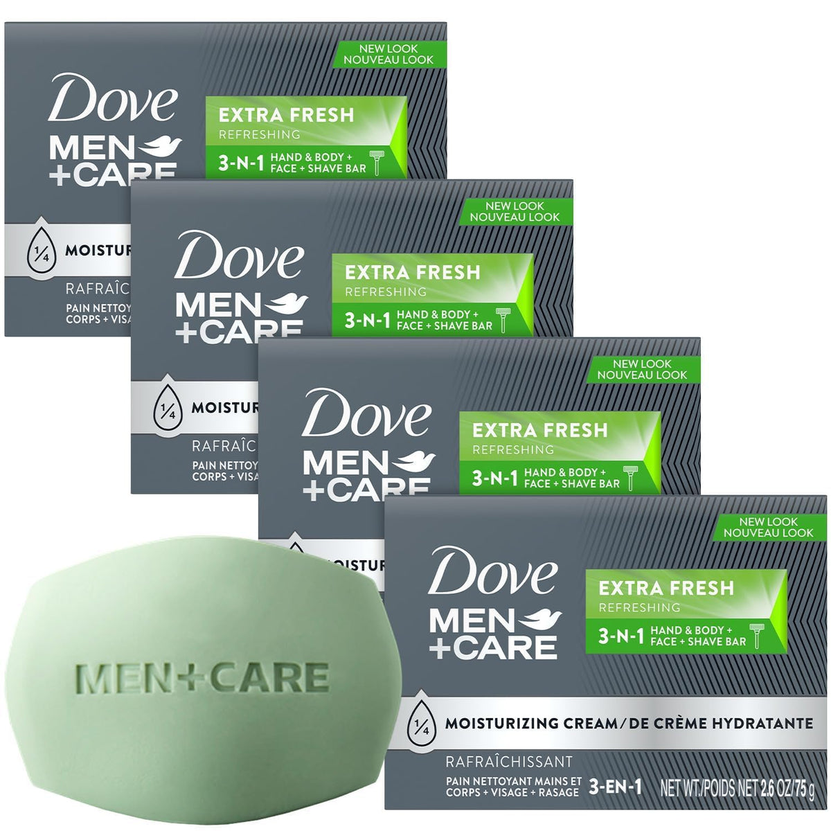 Dove Men+Care Extra Fresh Bar closeup highlighting moisturizing core for hydrated skin