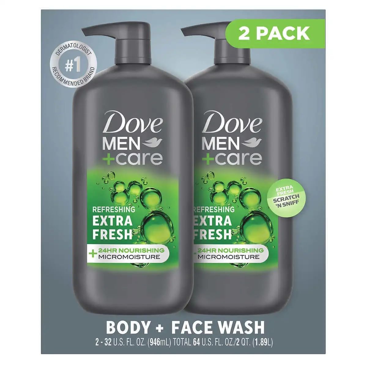 Dove Men+Care Extra Fresh body wash two-pack for daily cleansing.