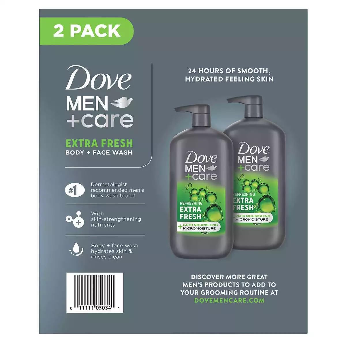 Dove Men+Care Extra Fresh bottle front close-up for everyday cleansing.