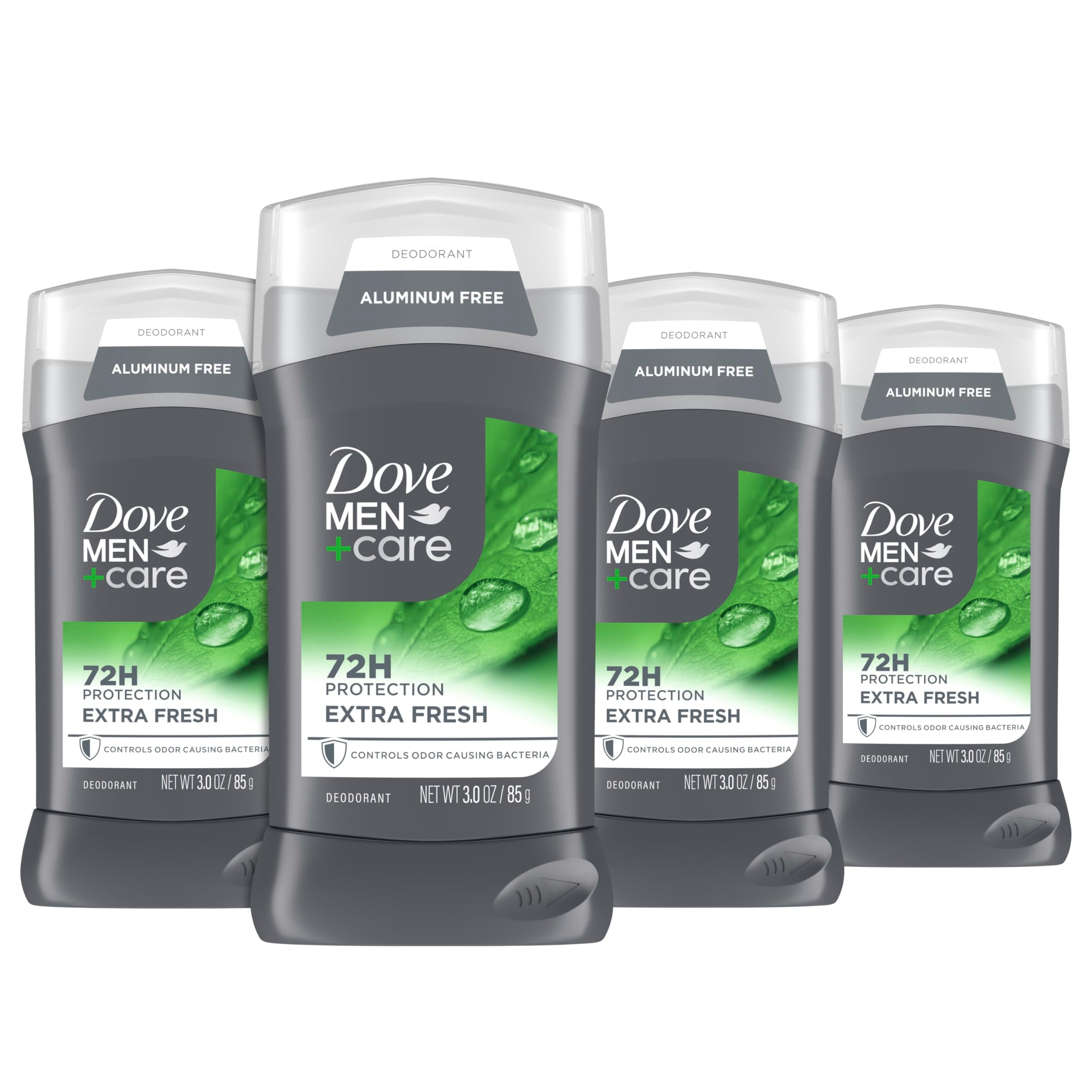 Dove Men+Care Extra Fresh deodorant stick packaging highlighting aluminum-free formula.