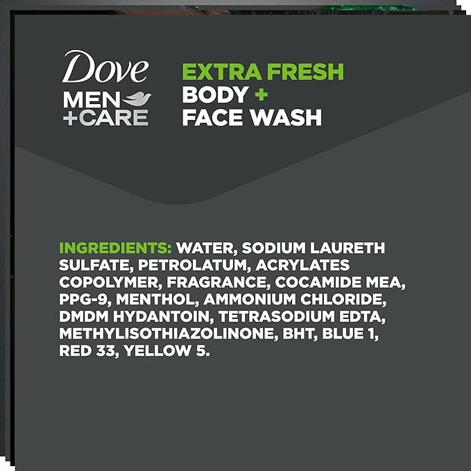 Dove Men+Care Extra Fresh label detail suggesting moisturizing formula for skin comfort.