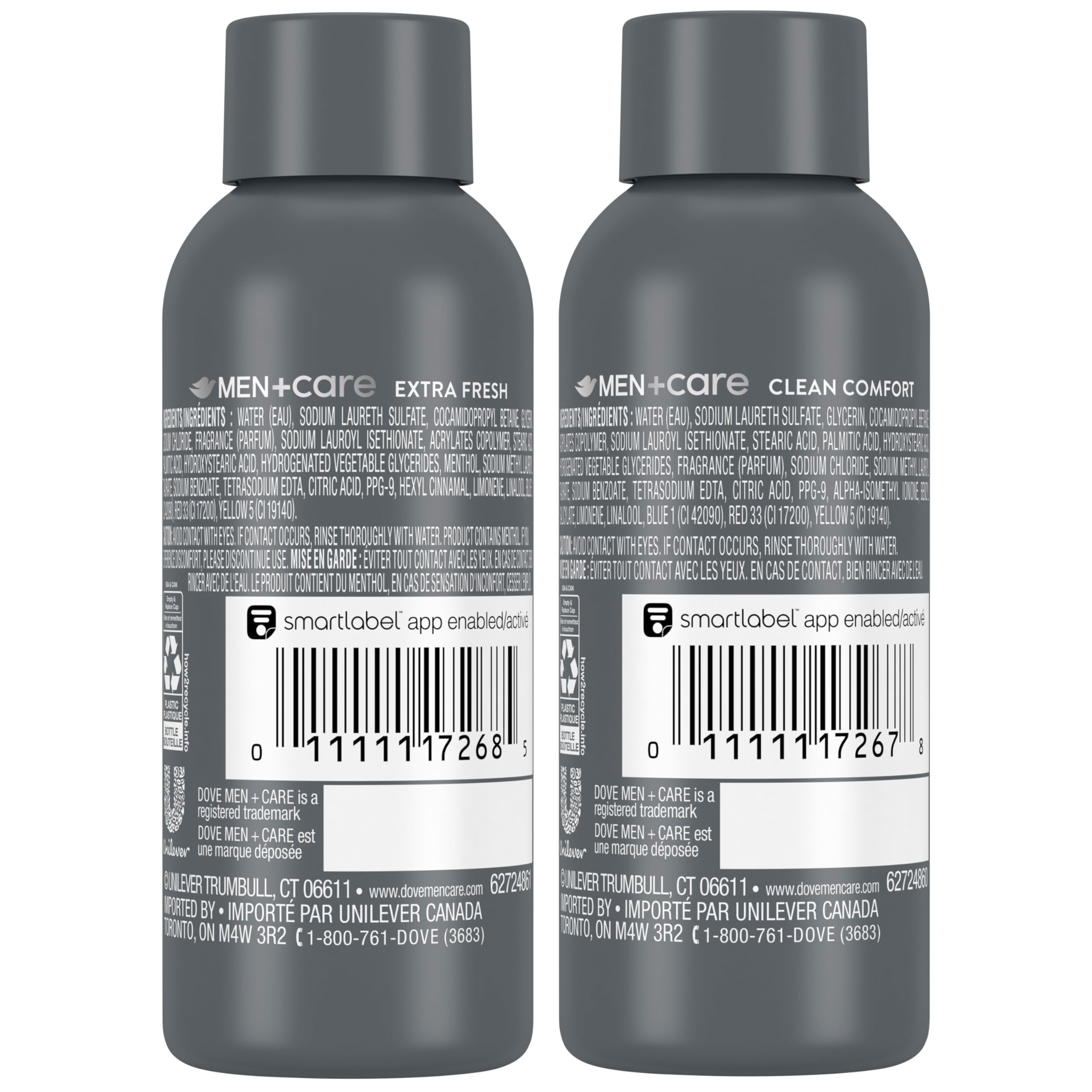 Dove Men+Care Extra Fresh bottle shows a rich lather for daily cleansing.
