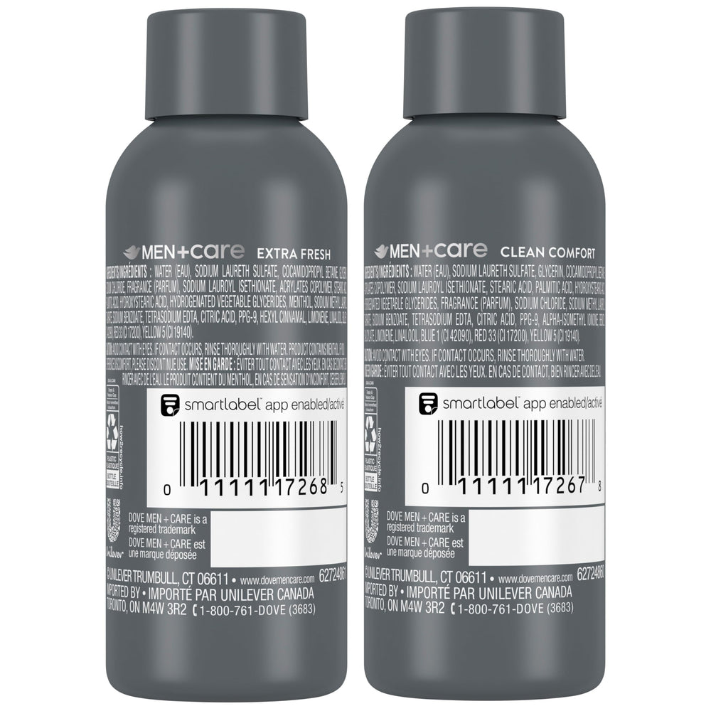 Dove Men+Care Extra Fresh bottle shows a rich lather for daily cleansing.