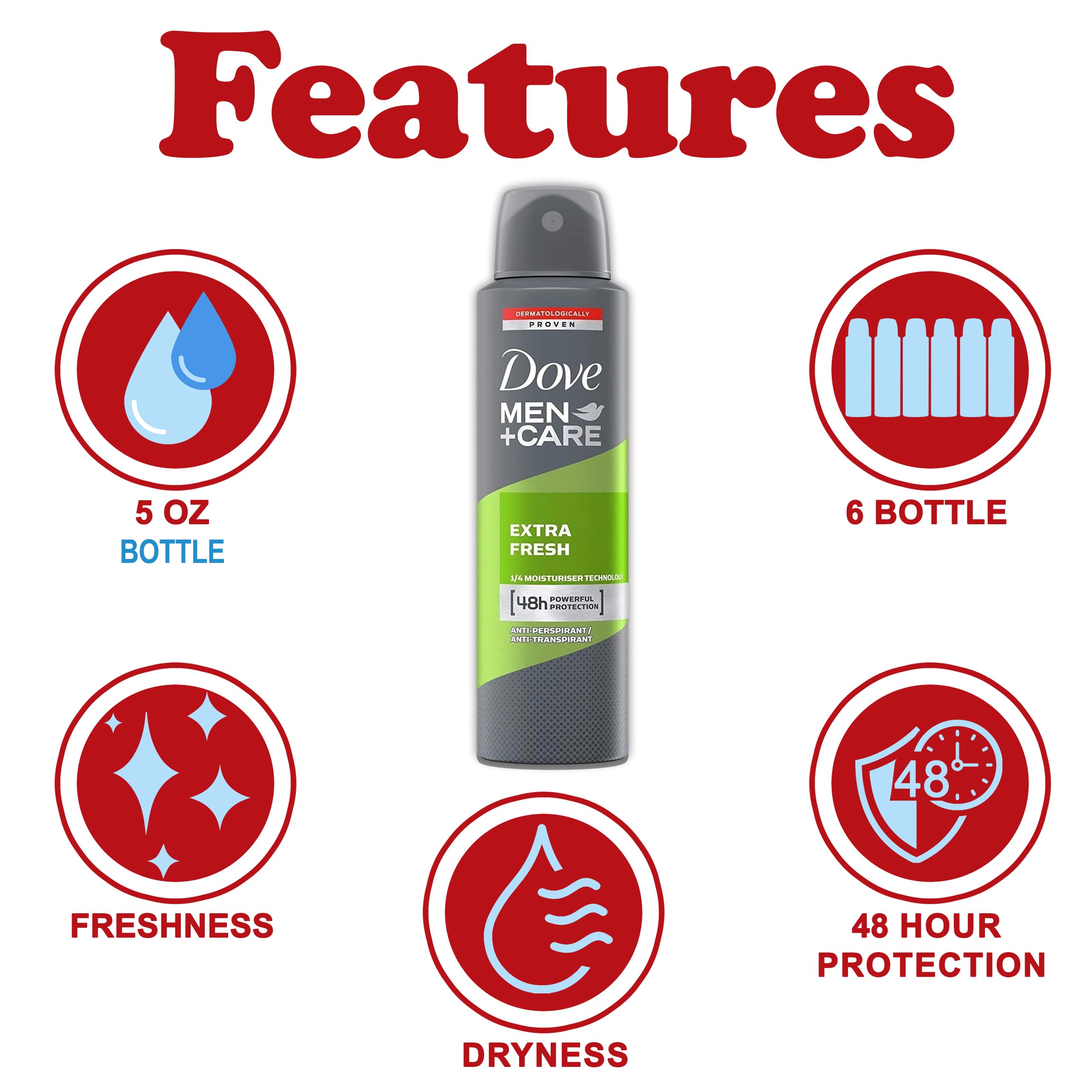 Dove Men+Care Extra Fresh spray with energizing clean scent.
