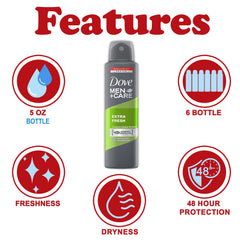 Dove Men+Care Extra Fresh spray with energizing clean scent.