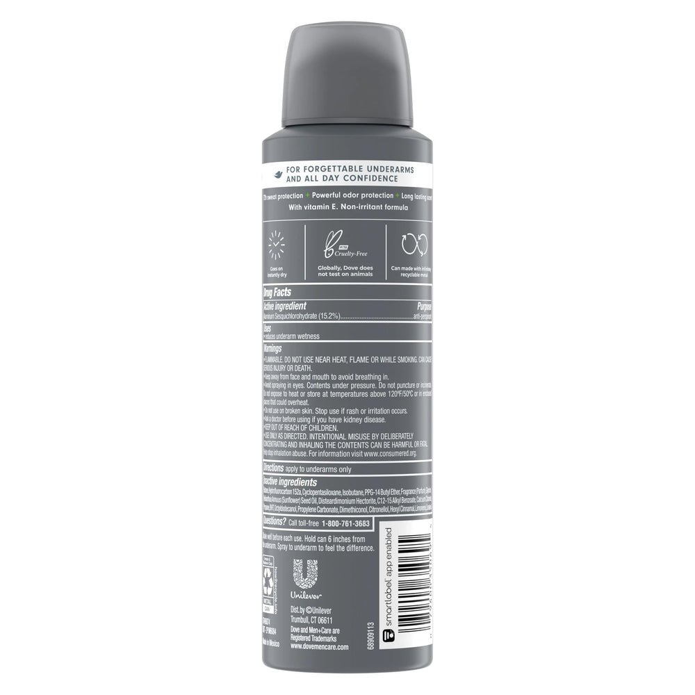 Dove Men+Care Extra Fresh spray close-up showing quick-dry application.