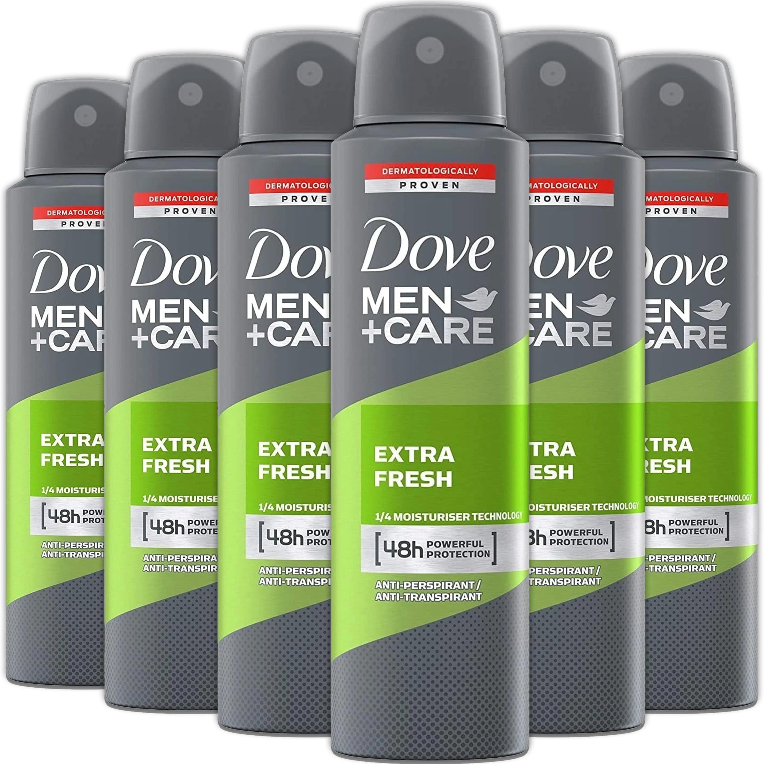 Dove Men+Care Extra Fresh 6-pack spray, ample supply for daily use.