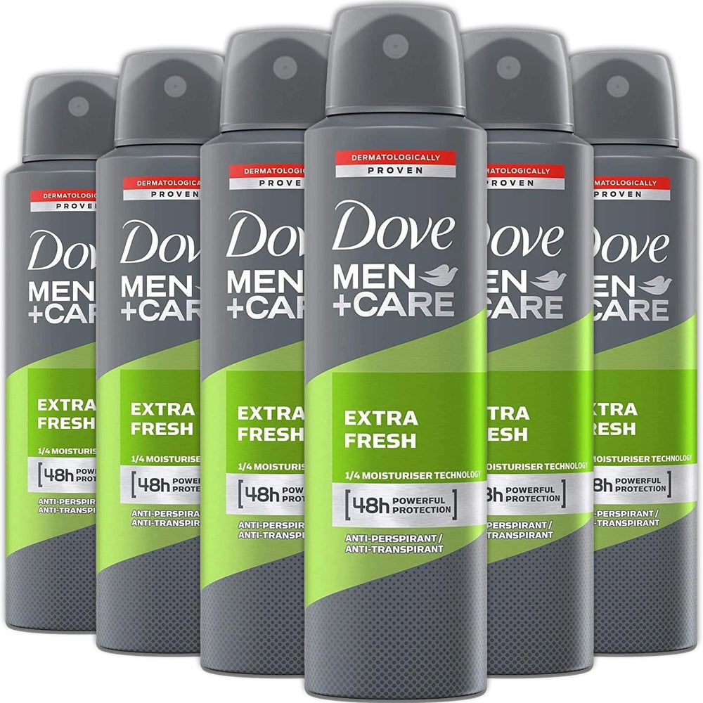 Dove Men+Care Extra Fresh 6-pack spray, ample supply for daily use.