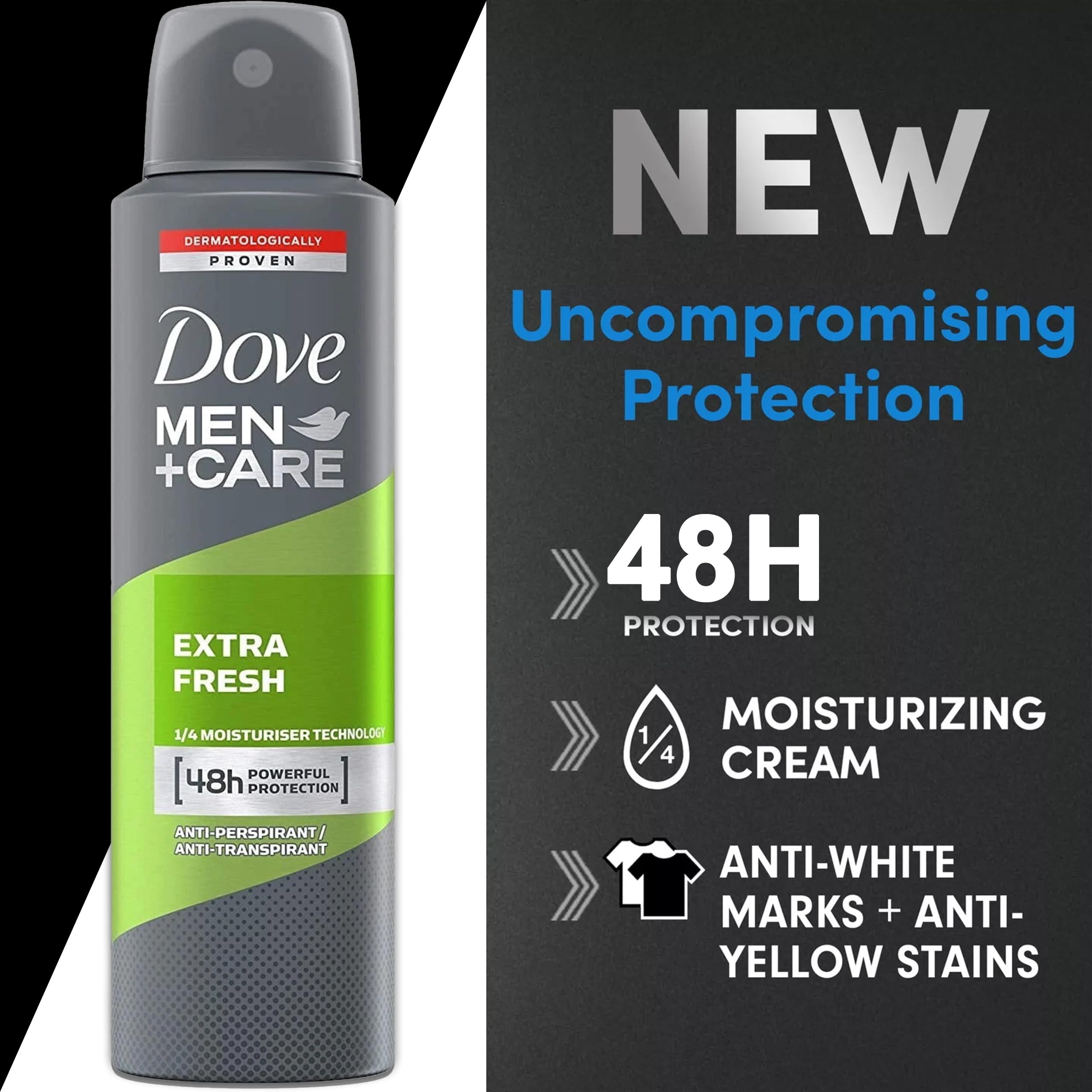 Dove Men+Care spray illustrating underarm coverage and protection.
