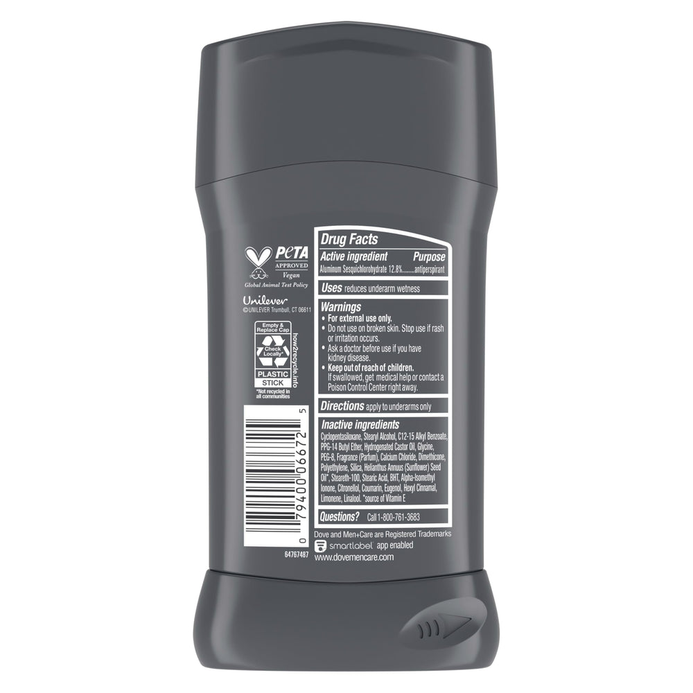Dove Men+Care Extra Fresh stick box front highlights 72-hour protection and citrus scent.