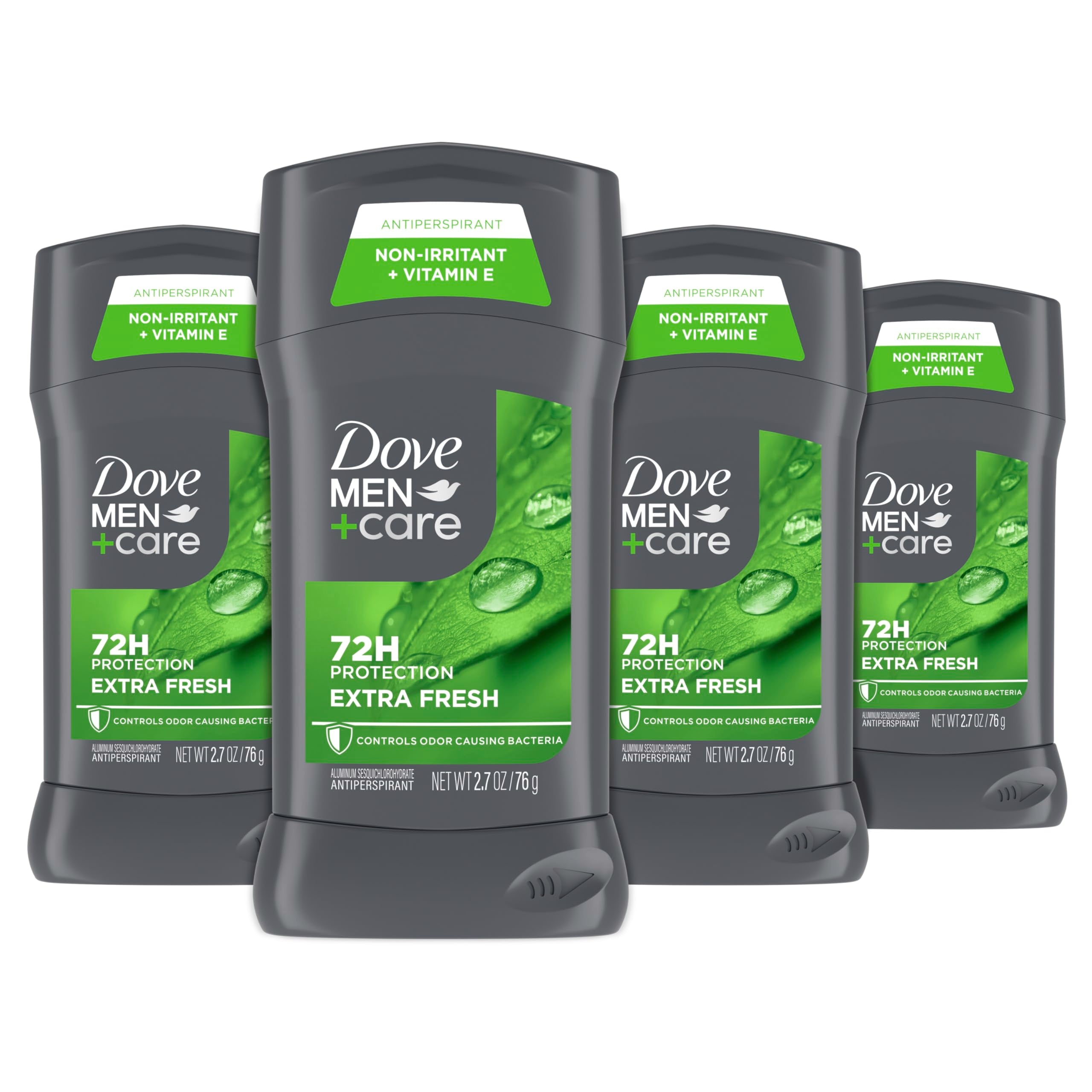 Dove Men+Care Extra Fresh stick packaging displaying a four-pack for all-day protection.