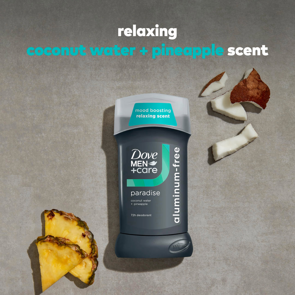 Desodorante Dove Men+Care paraiso, fragancia coco-pina que eleva el animo.