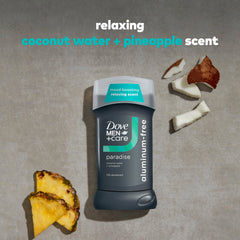 Desodorante Dove Men+Care paraiso, fragancia coco-pina que eleva el animo.
