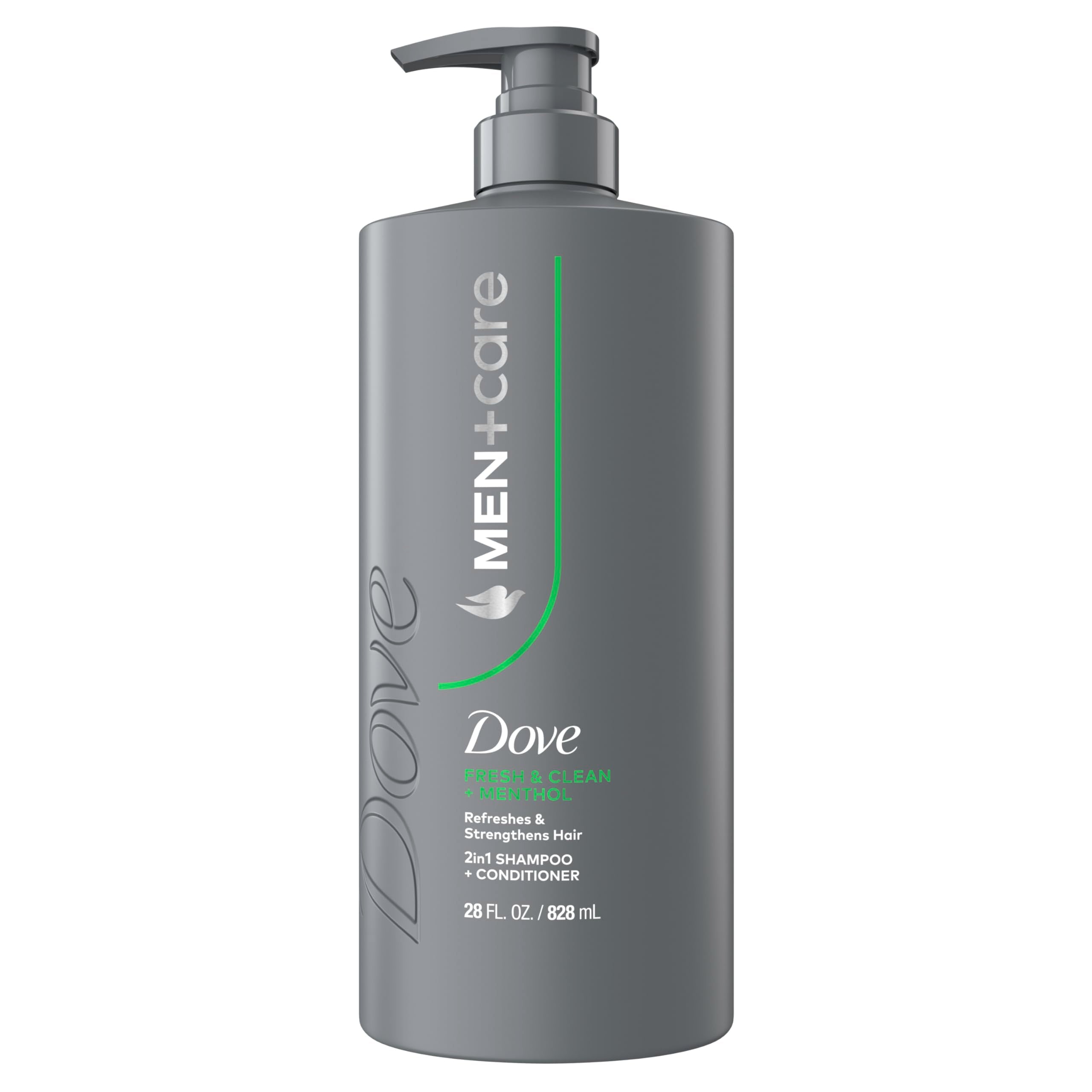 Dove Men+Care Fresh + Clean 2-in-1 bottle front for daily refreshing cleanse.