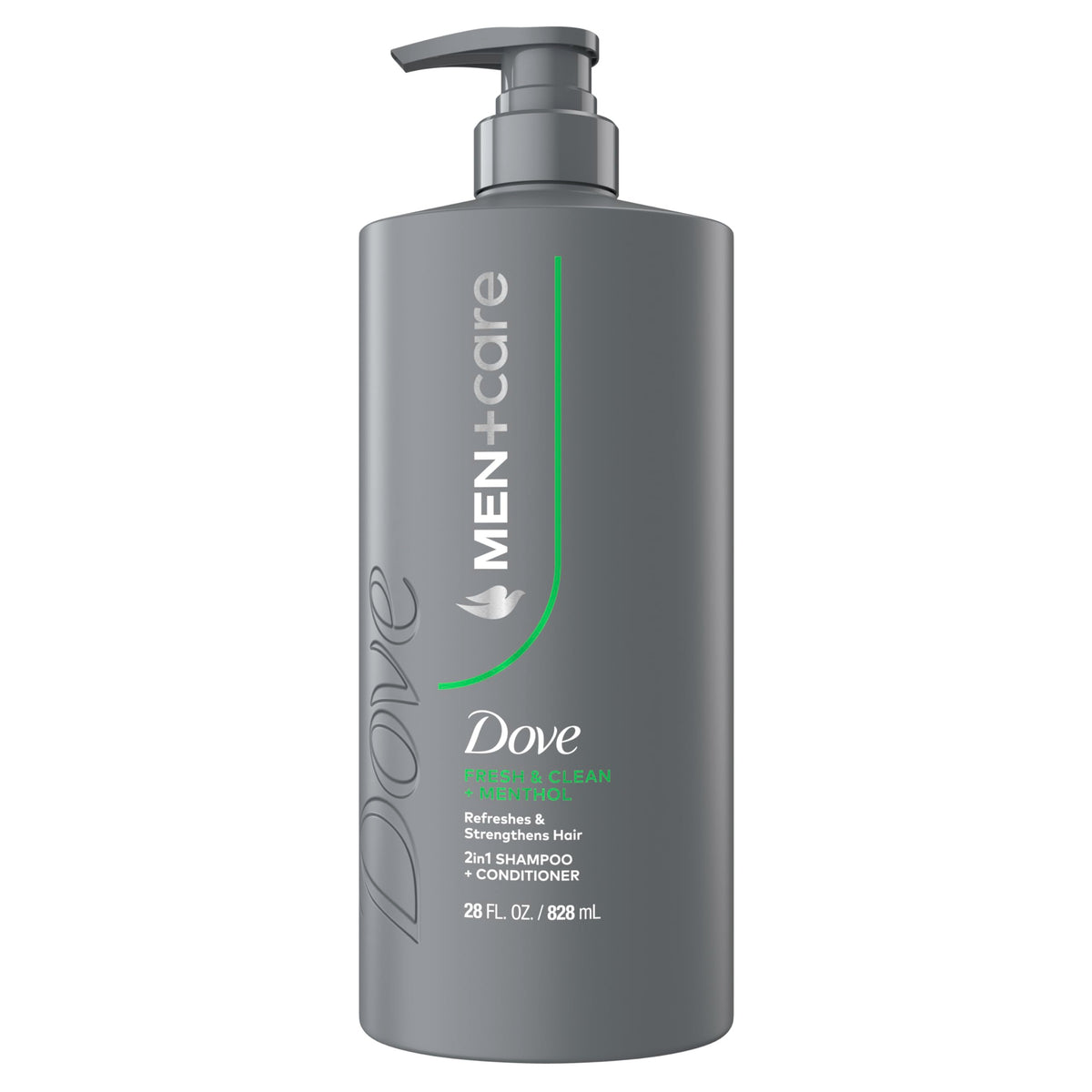 Dove Men+Care Fresh + Clean 2-in-1 bottle front for daily refreshing cleanse.